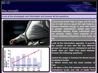 B2.12 d  Look at the photograph and information and answer all the questions: Consuming foods high in sugar and fat and low in bulk tend to upset the right balance. Excess chemical energy in your diet leads to greater assimilation, weight gain and eventually obesity. Some individuals who are grossly obese, store upwards of a million additional kilojoules in their body as fat.  Look at the information opposite. It records the number of men who fall into different groups for blood serum cholesterol and the death rates per 1000 from heart disease. Answer the following questions  what the range in humans for blood serum cholesterol levels  Which levels has the most number of men  Is there a firm link between blood serum cholesterol levels and risk of death from heart disease.  14 12 10 8 6 4 4.1  4.9 4.9  5.7 5.7  6.5 6.5  7.3 7.3  8.1 8.1  8.8 Serum cholesterol levels mmol -1 Deaths per 1000 Heart disease Key concepts 