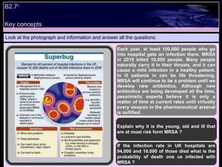 B2.7 c  Look at the photograph and information and answer all the questions: Explain why it is the young, old and ill that are at most risk form MRSA ? If the infection rate in UK hospitals are 94,000 and 10,000 of those died what is the probability of death one ce infected with MRSA ? Each year, at least 100,000 people who go into hospital gets an infection there. MRSA in 2010 killed 10,000 people. Many people naturally carry it in their throats, and it can cause a mild infection in a healthy patient. In ill patients in can be life threatening. MRSA will continue to be a problem until we develop new antibiotics. Although new antibiotics are being developed all the time, pessimistic experts believe it is only a matter of time at current rates until virtually every weapon in the pharmaceutical arsenal is nullified. Key concepts 