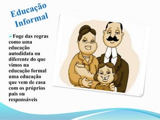 Foge das regras
como uma
educação
autodidata ou
diferente do que
vimos na
educação formal
uma educação
que vem de casa
com os próprios
pais ou
responsáveis
 