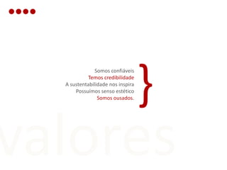 }
               Somos confiáveis
            Temos credibilidade
  A sustentabilidade nos inspira
      Possuímos senso estético
                Somos ousados.




valores
 