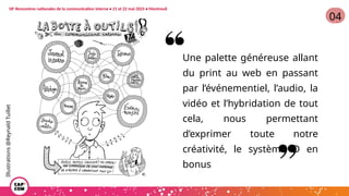Une palette généreuse allant
du print au web en passant
par l’événementiel, l’audio, la
vidéo et l’hybridation de tout
cela, nous permettant
d’exprimer toute notre
créativité, le système D en
bonus
04
Illustrations
@Reynald
Tuillet
18e
Rencontres nationales de la communication interne • 21 et 22 mai 2025 • Montreuil
 