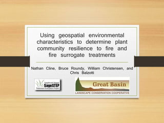 Using geospatial environmental 
characteristics to determine plant 
community resilience to fire and 
fire surrogate treatments 
Nathan Cline, Bruce Roundy, William Christensen, and 
Chris Balzotti 
 