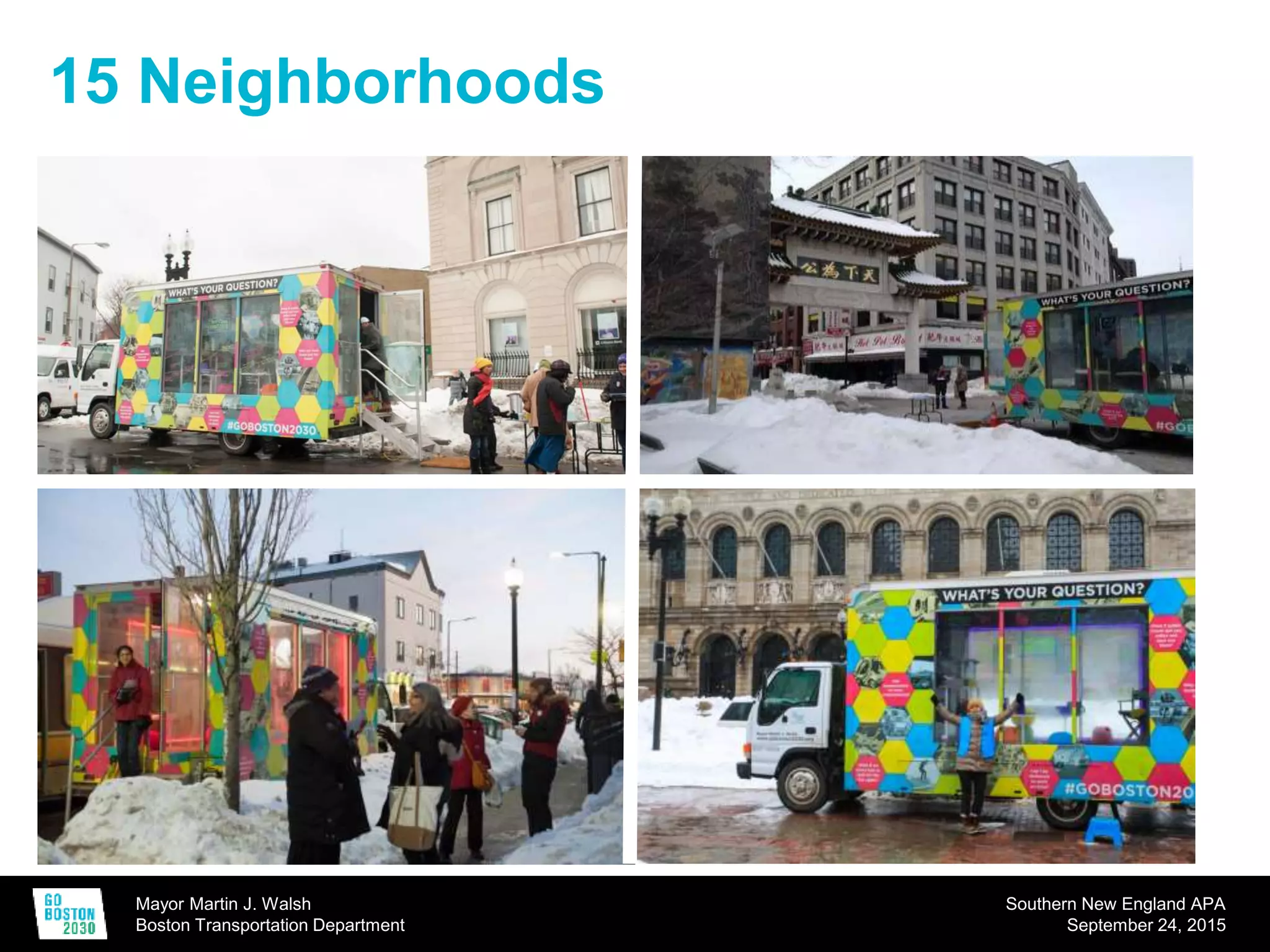Mayor Martin J. Walsh
Boston Transportation Department
Southern New England APA
September 24, 2015
15 Neighborhoods
 