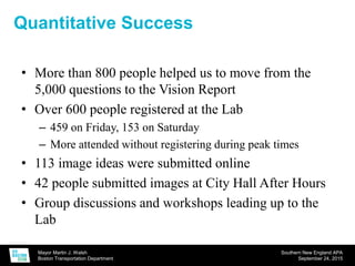 Mayor Martin J. Walsh
Boston Transportation Department
Southern New England APA
September 24, 2015
Quantitative Success
• More than 800 people helped us to move from the
5,000 questions to the Vision Report
• Over 600 people registered at the Lab
– 459 on Friday, 153 on Saturday
– More attended without registering during peak times
• 113 image ideas were submitted online
• 42 people submitted images at City Hall After Hours
• Group discussions and workshops leading up to the
Lab
 