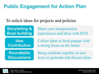 Mayor Martin J. Walsh
Boston Transportation Department
Southern New England APA
September 24, 2015
Public Engagement for Action Plan
To solicit ideas for projects and policies
Storytelling &
Buzz building
Idea
Contribution
Roundtable
Discussions
Share your transportation
experiences and ideas with BTD
Collect ideas at local popups with
a strong focus on the future
Bring residents together in new
ways to generate and discuss ideas
 