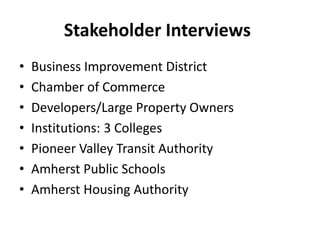 Stakeholder Interviews
• Business Improvement District
• Chamber of Commerce
• Developers/Large Property Owners
• Institutions: 3 Colleges
• Pioneer Valley Transit Authority
• Amherst Public Schools
• Amherst Housing Authority
 