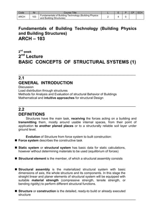 Code Nr Course Title L E P CP ECH 
ARCH 103 
Fundamentals of Building Technology (Building Physics 
and Building Structures) 
2 4 0 
Fundamentals of Building Technology (Building Physics and Building Structures) 
ARCH – 103 
2nd week 
2nd Lecture 
BASIC CONCEPTS OF STRUCTURAL SYSTEMS (1) 
___________________________________________________________________ 
2.1 
GENERAL INTRODUCTION 
Discussion 
Load distribution through structures 
Methods for Analysis and Evaluation of structural Behavior of Buildings 
Mathematical and intuitive approaches for structural Design 
___________________________________________________________________ 
2.2 
DEFINITIONS 
Structures have the main task, receiving the forces acting on a building and transmitting them, mostly around usable internal spaces, from their point of application to another planed places or to a structurally reliable soil layer under ground level. 
Evolution of Structure from force system to built construction: 
 Force system describes the constructive task 
 Static system or structural system has basic data for static calculations, however without determining materials to be used (equilibrium of forces) 
 Structural element is the member, of which a structural assembly consists 
 Structural assembly is the materialized structural system with basic dimensions of axis, the whole structure and its components. In this stage the straight linear and planer elements of structural system will be equipped with suitable material strength (compressive strength, tensile strength, or bending rigidity) to perform different structural functions. 
 Structure or construction is the detailed, ready-to build or already executed structure 
___________________________________________________________________  