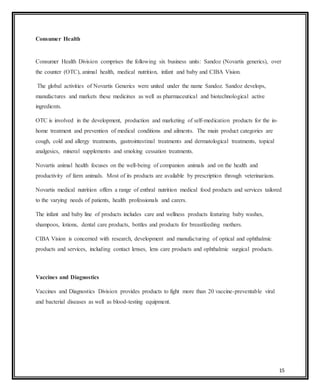 15
Consumer Health
Consumer Health Division comprises the following six business units: Sandoz (Novartis generics), over
the counter (OTC), animal health, medical nutrition, infant and baby and CIBA Vision.
The global activities of Novartis Generics were united under the name Sandoz. Sandoz develops,
manufactures and markets these medicines as well as pharmaceutical and biotechnological active
ingredients.
OTC is involved in the development, production and marketing of self-medication products for the in-
home treatment and prevention of medical conditions and ailments. The main product categories are
cough, cold and allergy treatments, gastrointestinal treatments and dermatological treatments, topical
analgesics, mineral supplements and smoking cessation treatments.
Novartis animal health focuses on the well-being of companion animals and on the health and
productivity of farm animals. Most of its products are available by prescription through veterinarians.
Novartis medical nutrition offers a range of enthral nutrition medical food products and services tailored
to the varying needs of patients, health professionals and carers.
The infant and baby line of products includes care and wellness products featuring baby washes,
shampoos, lotions, dental care products, bottles and products for breastfeeding mothers.
CIBA Vision is concerned with research, development and manufacturing of optical and ophthalmic
products and services, including contact lenses, lens care products and ophthalmic surgical products.
Vaccines and Diagnostics
Vaccines and Diagnostics Division provides products to fight more than 20 vaccine-preventable viral
and bacterial diseases as well as blood-testing equipment.
 