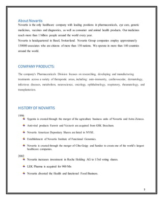 3
About Novartis
Novartis is the only healthcare company with leading positions in pharmaceuticals, eye care, generic
medicines, vaccines and diagnostics, as well as consumer and animal health products. Our medicines
reach more than 1 billion people around the world every year.
Novartis is headquartered in Basel, Switzerland. Novartis Group companies employ approximately
130000 associates who are citizens of more than 150 nations. We operate in more than 140 countries
around the world.
COMPANY PRODUCTS:
The company's Pharmaceuticals Division focuses on researching, developing and manufacturing
treatments across a variety of therapeutic areas, including: auto-immunity, cardiovascular, dermatology,
infectious diseases, metabolism, neuroscience, oncology, ophthalmology, respiratory, rheumatology, and
transplantation.
HISTORY OF NOVARTIS
1996
Sygenta is created through the merger of the agriculture business units of Novartis and Astra Zeneca.
Anti-viral products Farnvir and Vectavir are acquired from GSK Beecham.
Novartis American Depositary Shares are listed in NYSE.
Establishment of Novartis Institute of Functional Genomics.
Novartis is created through the merger of Ciba-Geigy and Sandoz to create one of the world’s largest
healthcare companies.
2002
Novartis increases investment in Roche Holding AG to 1/3rd voting shares.
LEK Pharma is acquired for 900 Mn
Novartis divested the Health and functional Food Business.
 