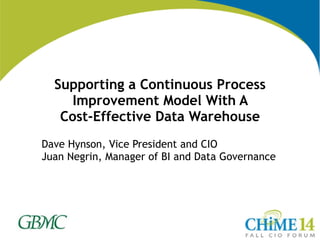 Supporting a Continuous Process
Improvement Model With A  
Cost-Effective Data Warehouse
Dave Hynson, Vice President and CIO
Juan Negrin, Manager of BI and Data Governance
 