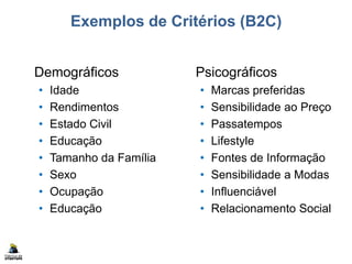 Exemplos de Critérios (B2C)
Demográficos
• Idade
• Rendimentos
• Estado Civil
• Educação
• Tamanho da Família
• Sexo
• Ocupação
• Educação
Psicográficos
• Marcas preferidas
• Sensibilidade ao Preço
• Passatempos
• Lifestyle
• Fontes de Informação
• Sensibilidade a Modas
• Influenciável
• Relacionamento Social
 