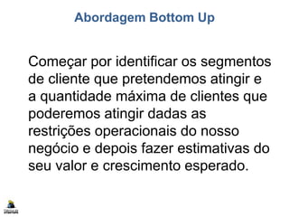 Abordagem Bottom Up
Começar por identificar os segmentos
de cliente que pretendemos atingir e
a quantidade máxima de clientes que
poderemos atingir dadas as
restrições operacionais do nosso
negócio e depois fazer estimativas do
seu valor e crescimento esperado.
 