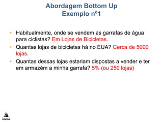 Abordagem Bottom Up
Exemplo nº1
• Habitualmente, onde se vendem as garrafas de água
para ciclistas? Em Lojas de Bicicletas.
• Quantas lojas de bicicletas há no EUA? Cerca de 5000
lojas.
• Quantas dessas lojas estariam dispostas a vender e ter
em armazém a minha garrafa? 5% (ou 250 lojas)
 