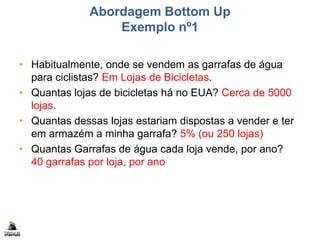 Abordagem Bottom Up
Exemplo nº1
• Habitualmente, onde se vendem as garrafas de água
para ciclistas? Em Lojas de Bicicletas.
• Quantas lojas de bicicletas há no EUA? Cerca de 5000
lojas.
• Quantas dessas lojas estariam dispostas a vender e ter
em armazém a minha garrafa? 5% (ou 250 lojas)
• Quantas Garrafas de água cada loja vende, por ano?
40 garrafas por loja, por ano
 