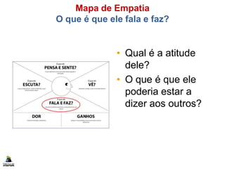 Mapa de Empatia
O que é que ele fala e faz?
• Qual é a atitude
dele?
• O que é que ele
poderia estar a
dizer aos outros?
 