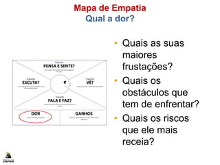 Mapa de Empatia
Qual a dor?
• Quais as suas
maiores
frustações?
• Quais os
obstáculos que
tem de enfrentar?
• Quais os riscos
que ele mais
receia?
 