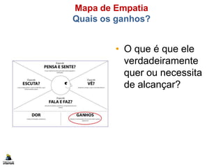 Mapa de Empatia
Quais os ganhos?
• O que é que ele
verdadeiramente
quer ou necessita
de alcançar?
 