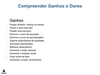 Compreender Ganhos e Dores
Ganhos
• Poupar dinheiro, esforço ou tempo
• Tornar a vida mais fácil
• Prestar mais serviços
• Diminuir o custo de aquisição
• Diminuir a curva de aprendizagem
• Superar expectativas de qualidade
• Aumentar propriedades
• Melhorar desempenho
• Aumentar o poder pessoal
• Aumentar o estatuto social
• Fazer sentir-se bem
• Aumentar o prazer, divertimento
 