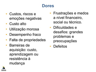 Dores
• Custos, riscos e
emoções negativas
• Custo alto
• Utilização morosa
• Desempenho fraco
• Falta de propriedades
• Barreiras de
aquisição: custo,
aprendizagem ou
resistência à
mudança
• Frustrações e medos
a nível financeiro,
social ou técnico.
• Dificuldades e
desafios: grandes
problemas e
preocupações
• Defeitos
 