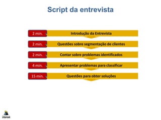 Script da entrevista
Introdução da Entrevista2 min.
Questões sobre segmentação de clientes2 min.
Contar sobre problemas identificados2 min.
Apresentar problemas para classificar4 min.
Questões para obter soluções15 min.
Conclusão da Entrevista2 min.
Documentar resultados (formulário)5 min.
 