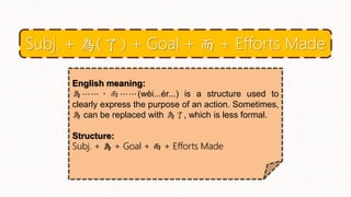 English meaning:
為⋯⋯ ，而⋯ ⋯(wèi...ér...) is a structure used to
clearly express the purpose of an action. Sometimes,
為 can be replaced with 為了, which is less formal.
Structure:
Subj. + 為 + Goal + 而 + Efforts Made
Subj. + 為(了) + Goal + 而 + Efforts Made
 