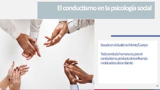 BasadoeneldualismoMente/Cuerpo
Todaconductahumanaes,parael
conductismo,productodelainfluencia
moldeadoradelambiente
13
Elconductismoenlapsicologíasocial
 