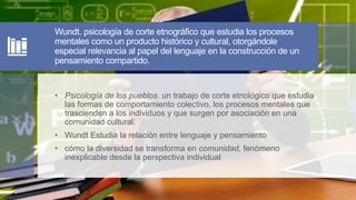 Wundt. psicología de corte etnográfico que estudia los procesos
mentales como un producto histórico y cultural, otorgándole
especial relevancia al papel del lenguaje en la construcción de un
pensamiento compartido.
• Psicología de los pueblos. un trabajo de corte etnológico que estudia
las formas de comportamiento colectivo, los procesos mentales que
trascienden a los individuos y que surgen por asociación en una
comunidad cultural.
• Wundt Estudia la relación entre lenguaje y pensamiento
• cómo la diversidad se transforma en comunidad, fenómeno
inexplicable desde la perspectiva individual
 