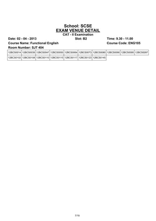 School: SCSE
                                 EXAM VENUE DETAIL
                                      CAT - II Examination
Date: 02 - 04 - 2013                           Slot: B2                 Time: 9.30 - 11.00
Course Name: Functional English                                         Course Code: ENG105
Room Number: SJT 404
12BCS0014 12BCS0039 12BCS0047 12BCS0050 12BCS0064 12BCS0073 12BCS0080 12BCS0090 12BCS0095 12BCS0097

12BCS0102 12BCS0108 12BCS0110 12BCS0115 12BCS0117 12BCS0123 12BCS0145




                                               7/19
 