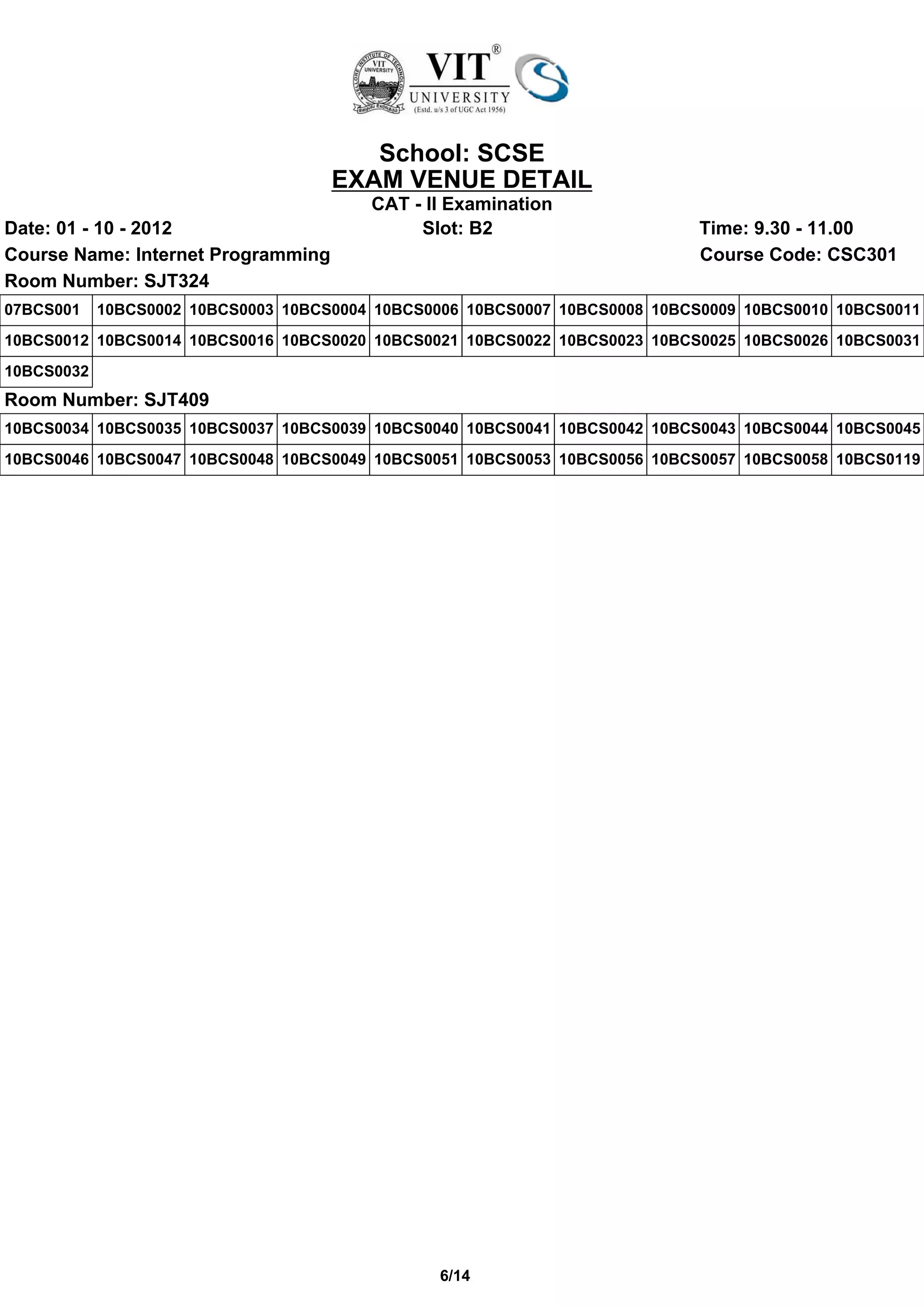 School: SCSE
                                     EXAM VENUE DETAIL
                                         CAT - II Examination
Date: 01 - 10 - 2012                          Slot: B2                       Time: 9.30 - 11.00
Course Name: Internet Programming                                            Course Code: CSC301
Room Number: SJT324
07BCS001    10BCS0002 10BCS0003 10BCS0004 10BCS0006 10BCS0007 10BCS0008 10BCS0009 10BCS0010 10BCS0011
10BCS0012 10BCS0014 10BCS0016 10BCS0020 10BCS0021 10BCS0022 10BCS0023 10BCS0025 10BCS0026 10BCS0031
10BCS0032
Room Number: SJT409
10BCS0034 10BCS0035 10BCS0037 10BCS0039 10BCS0040 10BCS0041 10BCS0042 10BCS0043 10BCS0044 10BCS0045
10BCS0046 10BCS0047 10BCS0048 10BCS0049 10BCS0051 10BCS0053 10BCS0056 10BCS0057 10BCS0058 10BCS0119




                                                 6/14
 