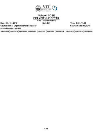 School: SCSE
                                    EXAM VENUE DETAIL
                                          CAT - II Examination
Date: 01 - 10 - 2012                           Slot: B2                          Time: 9.30 - 11.00
Course Name: Organizational Behaviour                                            Course Code: MGT310
Room Number: SJT421
10BCE0022 10BCE0158 09BCE030   09BCE061   09BCE339   09BCE367    09BCE514   10BCE0077 10BCE0105 10BCE0501




                                                 11/14
 