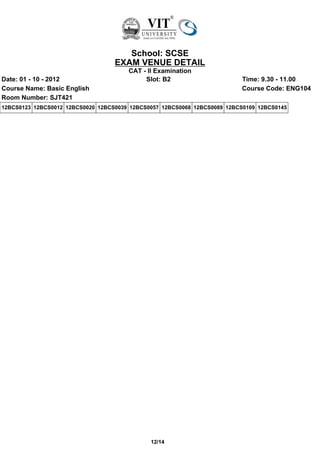 School: SCSE
                                   EXAM VENUE DETAIL
                                       CAT - II Examination
Date: 01 - 10 - 2012                        Slot: B2                       Time: 9.30 - 11.00
Course Name: Basic English                                                 Course Code: ENG104
Room Number: SJT421
12BCS0123 12BCS0012 12BCS0020 12BCS0039 12BCS0057 12BCS0068 12BCS0089 12BCS0109 12BCS0145




                                              12/14
 