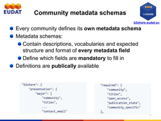 b2share.eudat.eu
Community metadata schemas
Every community defines its own metadata schema
Metadata schemas:
Contain descriptions, vocabularies and expected
structure and format of every metadata field
Define which fields are mandatory to fill in
Definitions are publically available
13
 