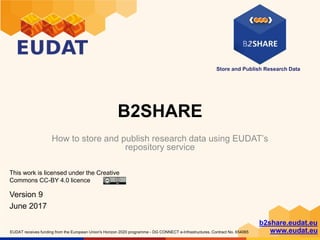 Store and Publish Research Data
b2share.eudat.eu
www.eudat.euEUDAT receives funding from the European Union's Horizon 2020 programme - DG CONNECT e-Infrastructures. Contract No. 654065
B2SHARE
How to store and publish research data using EUDAT’s
repository service
This work is licensed under the Creative
Commons CC-BY 4.0 licence
Version 9
June 2017
 