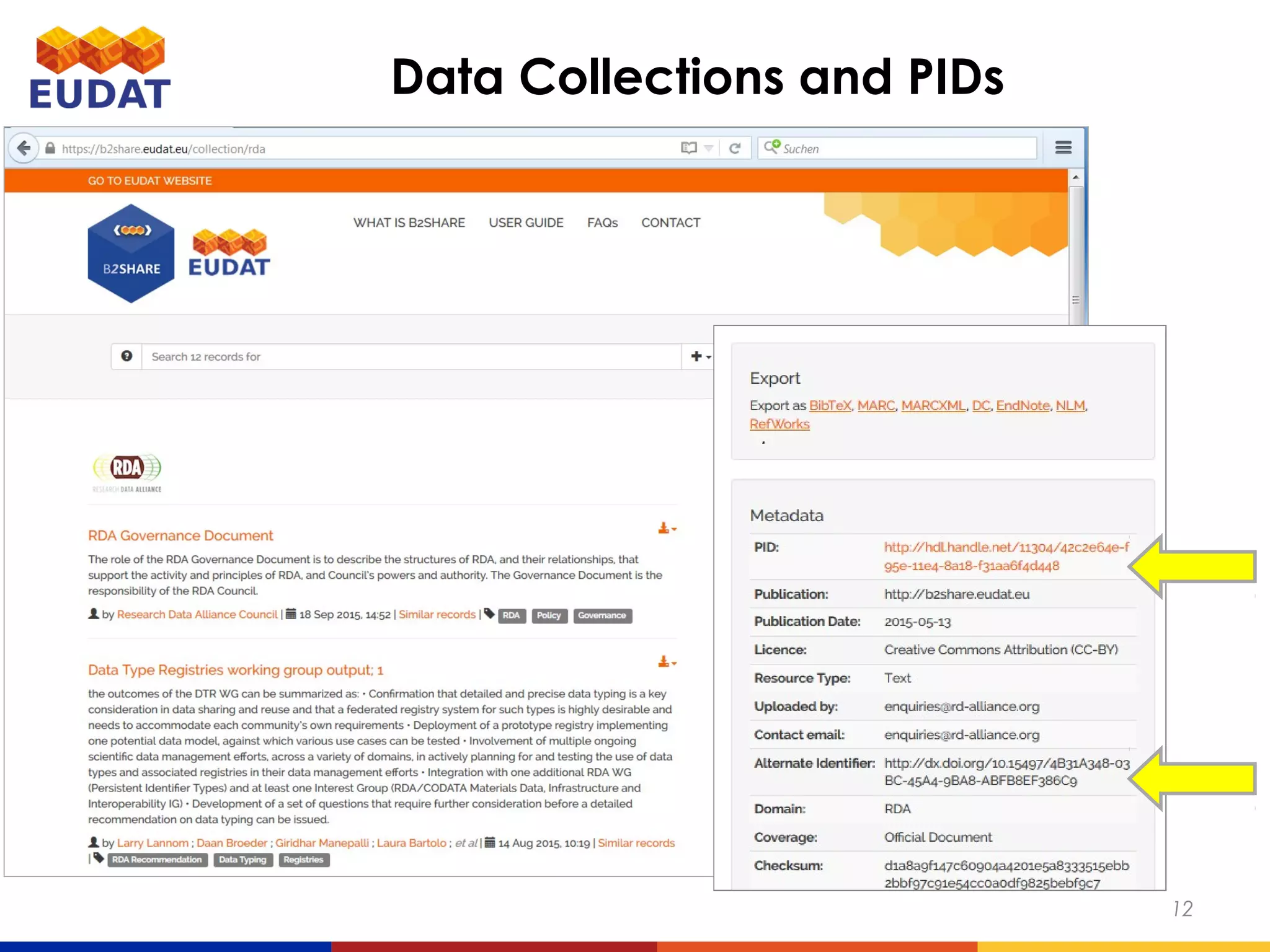 12
Data Collections and PIDs
 