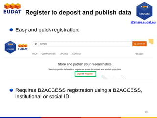 b2share.eudat.eu
Register to deposit and publish data
Easy and quick registration:
Requires B2ACCESS registration using a B2ACCESS,
institutional or social ID
10
 
