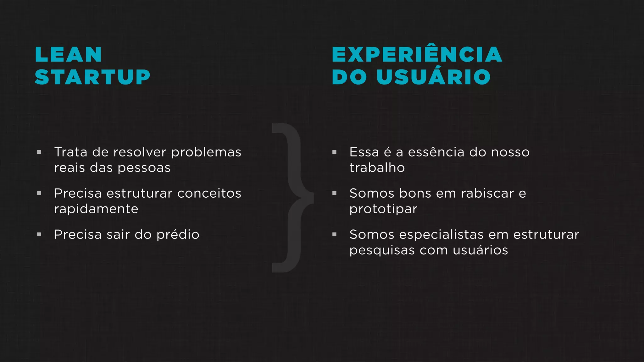  Trata de resolver problemas
reais das pessoas
 Precisa estruturar conceitos
rapidamente
 Precisa sair do prédio
LEAN
STARTUP
EXPERIÊNCIA
DO USUÁRIO
 Essa é a essência do nosso
trabalho
 Somos bons em rabiscar e
prototipar
 Somos especialistas em estruturar
pesquisas com usuários
}
 