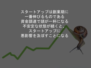 スタートアップは創業期に
一番伸びるものである
資金調達で頭が一杯になる
不安定な状態が続くと、
スタートアップに
悪影響を及ぼすことになる
Copyright 2018 Masayuki Tadokoro All rights reserved
 