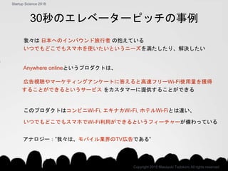 我々は 日本へのインバウンド旅行者 の抱えている
いつでもどこでもスマホを使いたいというニーズを満たしたり、解決したい
Anywhere onlineというプロダクトは、
広告視聴やマーケティングアンケートに答えると高速フリーWi-Fi使用量を獲得
することができるというサービス をカスタマーに提供することができる
このプロダクトはコンビニWi-Fi, エキナカWi-Fi, ホテルWi-Fiとは違い、
いつでもどこでもスマホでWi-Fi利用ができるというフィーチャーが備わっている
Copyright 2018 Masayuki Tadokoro All rights reserved
Startup Science 2018
アナロジー：”我々は、モバイル業界のTV広告である”
30秒のエレベーターピッチの事例
 