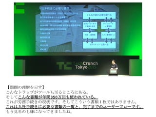 【問題の理解を示す】
こんなトラップがツールも至るところにある。
そしてこんな書類が年間350万回も使われている。
これが労務手続きの現状です。そしてこういう書類１枚ではありません。
これは入社手続きに必要な書類の一覧と、完了までのユーザーフローです。
もう見るのも嫌になってきましたね。
 