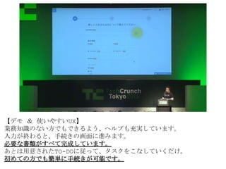 【デモ ＆ 使いやすいUX】
業務知識のない方でもできるよう、ヘルプも充実しています。
入力が終わると、手続きの画面に進みます。
必要な書類がすべて完成しています。
あとは用意されたTO-DOに従って、タスクをこなしていくだけ。
初めての方でも簡単に手続きが可能です。
 