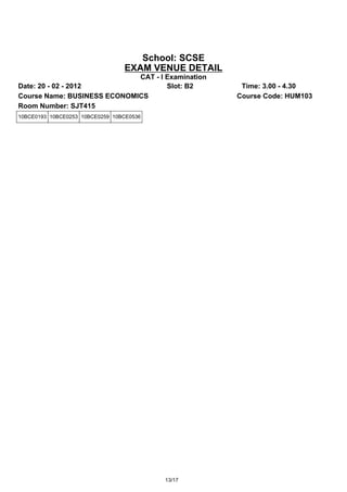School: SCSE
                                 EXAM VENUE DETAIL
                             CAT - I Examination
Date: 20 - 02 - 2012                 Slot: B2         Time: 3.00 - 4.30
Course Name: BUSINESS ECONOMICS                      Course Code: HUM103
Room Number: SJT415
10BCE0193 10BCE0253 10BCE0259 10BCE0536




                                          13/17
 