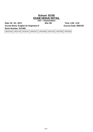 School: SCSE
                                 EXAM VENUE DETAIL
                                  CAT - I Examination
Date: 20 - 02 - 2012                      Slot: B2                    Time: 3.00 - 4.30
Course Name: English for Engineers II                                Course Code: ENG102
Room Number: SJT409
10BCE0340 11BCE0106 11BCE0351 10BCE0277 11BCE0489 11BCE0180 11BCE0380 11BCE0504




                                               9/17
 