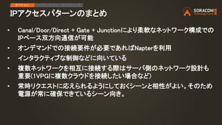 IPアクセスパターンのまとめ
• Canal/Door/Direct + Gate + Junctionにより柔軟なネットワーク構成での
IPベース双方向通信が可能
• オンデマンドでの接続要件が必要であればNapterを利用
• インタラクティブな制御などに向いている
• 複数ネットワークを相互に接続する際はサーバ側のネットワーク設計も
重要(1VPGに複数クラウドを接続したい場合など)
• 常時リクエストに応えられるようにしておくシーンと相性がよい。そのため
電源が常に確保できているシーン向き。
IPアクセス アプリケーション デバイスリード
 