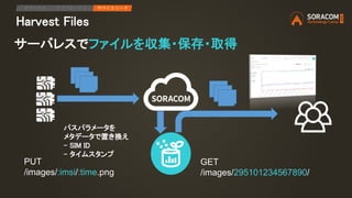 Harvest Files
IPアクセス アプリケーション デバイスリード
サーバレスでファイルを収集・保存・取得
パスパラメータを
メタデータで置き換え
- SIM ID
- タイムスタンプ
PUT
/images/:imsi/:time.png
GET
/images/295101234567890/
 