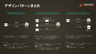 デザインパターンまとめ
IP指定
サーバ
メリット
- デバイス駆動のためバッテリー駆動デバイスのよう
スリープを伴うケースでも利用可能
考慮ポイント
- 即時反映が必要なシーンでは不向き
IPアクセスパターン アプリケーションパターン デバイスリードパターン
MQTT Pub/Sub
サーバ
LwM2M
SMS
UDP/TCP
サーバ
レスポンス
MQTTやLwM2Mといった双方向通信が可能なアプリ
ケーションプロトコルを利用。疎結合な構成や、イベ
ント駆動といった様々な方式を実現可能
IPを指定して直接デバイス-サーバ間で接続が可能で、
サーバ操作と同様のオペレーションが実現可能。
デバイスからのリクエストに対するレスポンスに設定
情報や制御情報をつめて返す。デバイスからのボーリ
ングもこのパターンに分類
メリット
- プロトコルで様々な機能をサポートしているため柔
軟なM2M連携システムを構築可能。
考慮ポイント
- デバイス仕様で利用できるプロトコルに制限がある
- バッテリー駆動の際は通信量や使い方に注意
メリット
- インタラクティブな操作をおこないやすい
考慮ポイント
- デバイス-サーバ間をいかにセキュアに接続するか
- デバイスが常時稼働している用途向け
IP指定
設定ストア
ポーリング
 