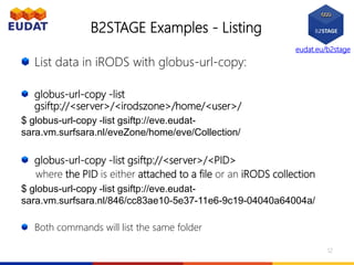 eudat.eu/b2stage
B2STAGE Examples - Listing
List data in iRODS with globus-url-copy:
globus-url-copy -list
gsiftp://<server>/<irodszone>/home/<user>/
$ globus-url-copy -list gsiftp://eve.eudat-
sara.vm.surfsara.nl/eveZone/home/eve/Collection/
globus-url-copy -list gsiftp://<server>/<PID>
where the PID is either attached to a file or an iRODS collection
$ globus-url-copy -list gsiftp://eve.eudat-
sara.vm.surfsara.nl/846/cc83ae10-5e37-11e6-9c19-04040a64004a/
Both commands will list the same folder
12
 