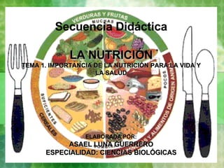 Secuencia Didáctica LA NUTRICIÓN TEMA 1. IMPORTANCIA DE LA NUTRICIÓN PARA LA VIDA Y LA SALUD ELABORADA POR: ASAEL LUNA GUERRERO ESPECIALIDAD: CIENCIAS BIOLÓGICAS 