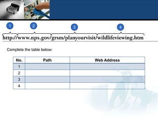 1            2             3             4




Complete the table below:

     No.           Path         Web Address
      1
      2
      3
      4
 