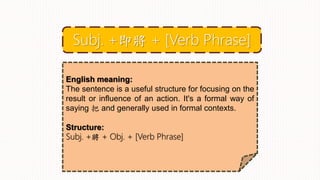 English meaning:
The sentence is a useful structure for focusing on the
result or influence of an action. It's a formal way of
saying 把 and generally used in formal contexts.
Structure:
Subj. +將 + Obj. + [Verb Phrase]
Subj. +即將 + [Verb Phrase]
 