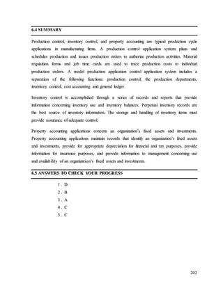 202
6
6.
.4
4 S
SU
UM
MM
MA
AR
RY
Y
P
Pr
ro
od
du
uc
ct
ti
io
on
n c
co
on
nt
tr
ro
ol
l,
, i
in
nv
ve
en
nt
to
or
ry
y c
co
on
nt
tr
ro
ol
l,
, a
an
nd
d p
pr
ro
op
pe
er
rt
ty
y a
ac
cc
co
ou
un
nt
ti
in
ng
g a
ar
re
e t
ty
yp
pi
ic
ca
al
l p
pr
ro
od
du
uc
ct
ti
io
on
n c
cy
yc
cl
le
e
a
ap
pp
pl
li
ic
ca
at
ti
io
on
ns
s i
in
n m
ma
an
nu
uf
fa
ac
ct
tu
ur
ri
in
ng
g f
fi
ir
rm
ms
s.
. A
A p
pr
ro
od
du
uc
ct
ti
io
on
n c
co
on
nt
tr
ro
ol
l a
ap
pp
pl
li
ic
ca
at
ti
io
on
n s
sy
ys
st
te
em
m p
pl
la
an
ns
s a
an
nd
d
s
sc
ch
he
ed
du
ul
le
es
s p
pr
ro
od
du
uc
ct
ti
io
on
n a
an
nd
d i
is
ss
su
ue
es
s p
pr
ro
od
du
uc
ct
ti
io
on
n o
or
rd
de
er
rs
s t
to
o a
au
ut
th
ho
or
ri
iz
ze
e p
pr
ro
od
du
uc
ct
ti
io
on
n a
ac
ct
ti
iv
vi
it
ti
ie
es
s.
. M
Ma
at
te
er
ri
ia
al
l
r
re
eq
qu
ui
is
si
it
ti
io
on
n f
fo
or
rm
ms
s a
an
nd
d j
jo
ob
b t
ti
im
me
e c
ca
ar
rd
ds
s a
ar
re
e u
us
se
ed
d t
to
o t
tr
ra
ac
ce
e p
pr
ro
od
du
uc
ct
ti
io
on
n c
co
os
st
ts
s t
to
o i
in
nd
di
iv
vi
id
du
ua
al
l
p
pr
ro
od
du
uc
ct
ti
io
on
n o
or
rd
de
er
rs
s.
. A
A m
mo
od
de
el
l p
pr
ro
od
du
uc
ct
ti
io
on
n a
ap
pp
pl
li
ic
ca
at
ti
io
on
n c
co
on
nt
tr
ro
ol
l a
ap
pp
pl
li
ic
ca
at
ti
io
on
n s
sy
ys
st
te
em
m i
in
nc
cl
lu
ud
de
es
s a
a
s
se
ep
pa
ar
ra
at
ti
io
on
n o
of
f t
th
he
e f
fo
ol
ll
lo
ow
wi
in
ng
g f
fu
un
nc
ct
ti
io
on
ns
s:
: p
pr
ro
od
du
uc
ct
ti
io
on
n c
co
on
nt
tr
ro
ol
l,
, t
th
he
e p
pr
ro
od
du
uc
ct
ti
io
on
n d
de
ep
pa
ar
rt
tm
me
en
nt
ts
s,
,
i
in
nv
ve
en
nt
to
or
ry
y c
co
on
nt
tr
ro
ol
l,
, c
co
os
st
t a
ac
cc
co
ou
un
nt
ti
in
ng
g a
an
nd
d g
ge
en
ne
er
ra
al
l l
le
ed
dg
ge
er
r.
.
I
In
nv
ve
en
nt
to
or
ry
y c
co
on
nt
tr
ro
ol
l i
is
s a
ac
cc
co
om
mp
pl
li
is
sh
he
ed
d t
th
hr
ro
ou
ug
gh
h a
a s
se
er
ri
ie
es
s o
of
f r
re
ec
co
or
rd
ds
s a
an
nd
d r
re
ep
po
or
rt
ts
s t
th
ha
at
t p
pr
ro
ov
vi
id
de
e
i
in
nf
fo
or
rm
ma
at
ti
io
on
n c
co
on
nc
ce
er
rn
ni
in
ng
g i
in
nv
ve
en
nt
to
or
ry
y u
us
se
e a
an
nd
d i
in
nv
ve
en
nt
to
or
ry
y b
ba
al
la
an
nc
ce
es
s.
. P
Pe
er
rp
pe
et
tu
ua
al
l i
in
nv
ve
en
nt
to
or
ry
y r
re
ec
co
or
rd
ds
s a
ar
re
e
t
th
he
e b
be
es
st
t s
so
ou
ur
rc
ce
e o
of
f i
in
nv
ve
en
nt
to
or
ry
y i
in
nf
fo
or
rm
ma
at
ti
io
on
n.
. T
Th
he
e s
st
to
or
ra
ag
ge
e a
an
nd
d h
ha
an
nd
dl
li
in
ng
g o
of
f i
in
nv
ve
en
nt
to
or
ry
y i
it
te
em
ms
s m
mu
us
st
t
p
pr
ro
ov
vi
id
de
e a
as
ss
su
ur
ra
an
nc
ce
e o
of
f a
ad
de
eq
qu
ua
at
te
e c
co
on
nt
tr
ro
ol
l.
.
P
Pr
ro
op
pe
er
rt
ty
y a
ac
cc
co
ou
un
nt
ti
in
ng
g a
ap
pp
pl
li
ic
ca
at
ti
io
on
ns
s c
co
on
nc
ce
er
rn
n a
an
n o
or
rg
ga
an
ni
iz
za
at
ti
io
on
n’
’s
s f
fi
ix
xe
ed
d a
as
ss
se
et
ts
s a
an
nd
d i
in
nv
ve
es
st
tm
me
en
nt
ts
s.
.
P
Pr
ro
op
pe
er
rt
ty
y a
ac
cc
co
ou
un
nt
ti
in
ng
g a
ap
pp
pl
li
ic
ca
at
ti
io
on
ns
s m
ma
ai
in
nt
ta
ai
in
n r
re
ec
co
or
rd
ds
s t
th
ha
at
t i
id
de
en
nt
ti
if
fy
y a
an
n o
or
rg
ga
an
ni
iz
za
at
ti
io
on
n’
’s
s f
fi
ix
xe
ed
d a
as
ss
se
et
ts
s
a
an
nd
d i
in
nv
ve
es
st
tm
me
en
nt
ts
s,
, p
pr
ro
ov
vi
id
de
e f
fo
or
r a
ap
pp
pr
ro
op
pr
ri
ia
at
te
e d
de
ep
pr
re
ec
ci
ia
at
ti
io
on
n f
fo
or
r f
fi
in
na
an
nc
ci
ia
al
l a
an
nd
d t
ta
ax
x p
pu
ur
rp
po
os
se
es
s,
, p
pr
ro
ov
vi
id
de
e
i
in
nf
fo
or
rm
ma
at
ti
io
on
n f
fo
or
r i
in
ns
su
ur
ra
an
nc
ce
e p
pu
ur
rp
po
os
se
es
s,
, a
an
nd
d p
pr
ro
ov
vi
id
de
e i
in
nf
fo
or
rm
ma
at
ti
io
on
n t
to
o m
ma
an
na
ag
ge
em
me
en
nt
t c
co
on
nc
ce
er
rn
ni
in
ng
g u
us
se
e
a
an
nd
d a
av
va
ai
il
la
ab
bi
il
li
it
ty
y o
of
f a
an
n o
or
rg
ga
an
ni
iz
za
at
ti
io
on
n’
’s
s f
fi
ix
xe
ed
d a
as
ss
se
et
ts
s a
an
nd
d i
in
nv
ve
es
st
tm
me
en
nt
ts
s.
.
6
6.
.5
5 A
AN
NS
SW
WE
ER
RS
S T
TO
O C
CH
HE
EC
CK
K Y
YO
OU
UR
R P
PR
RO
OG
GR
RE
ES
SS
S
1
1 .
. D
D
2
2 .
. B
B
3
3 .
. A
A
4
4 .
. C
C
5
5 .
. C
C
 